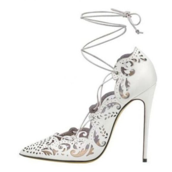Red Bottom Sole Ankle Strap Sandal Pointy Toe Leather White Stilettos High Heel - Picture 5 of 5